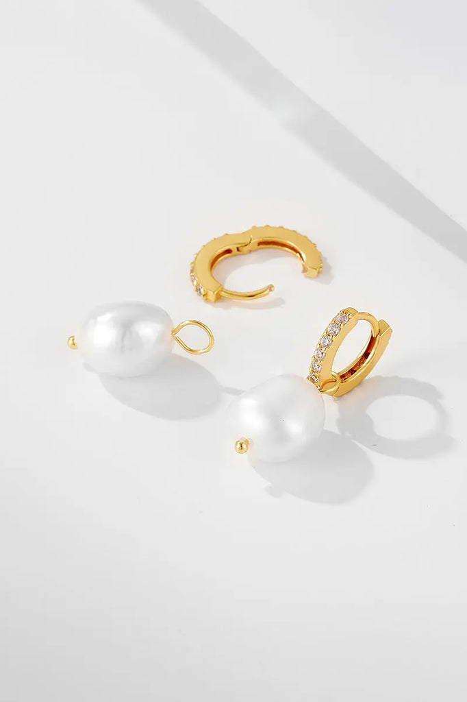 14K Gold Plated Sterling Silver Huggie Pearl Drop Earrings Fibflx