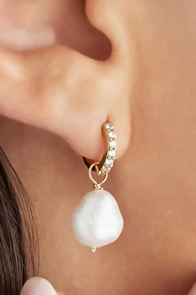 14K Gold Plated Sterling Silver Huggie Pearl Drop Earrings Fibflx