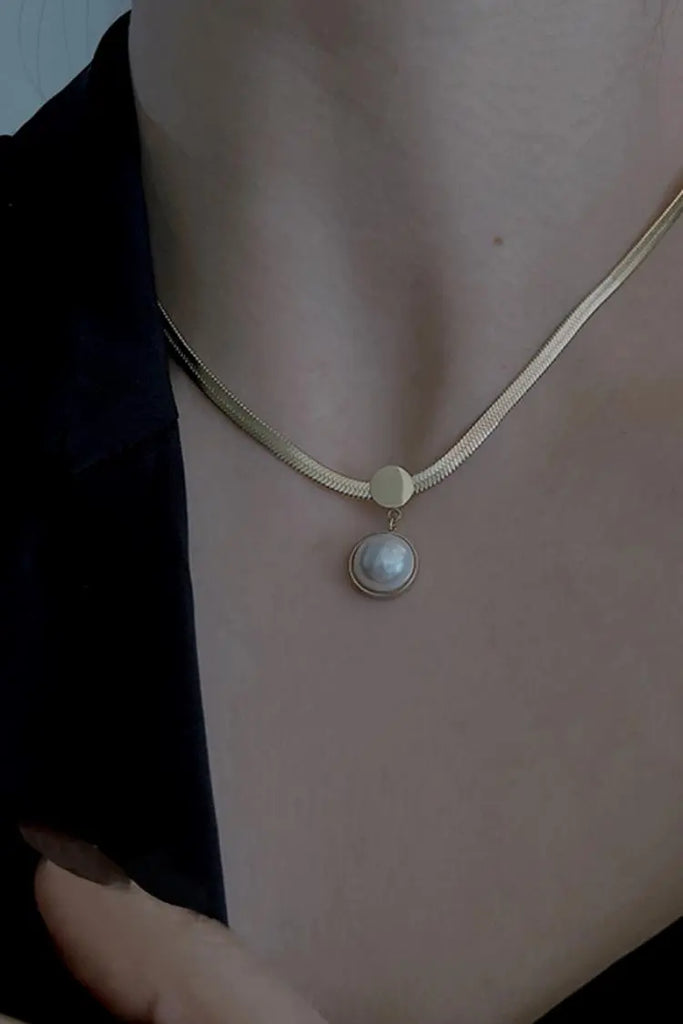 Fibflx Women's 14K Gold Snake Chain with Pearl Pendant