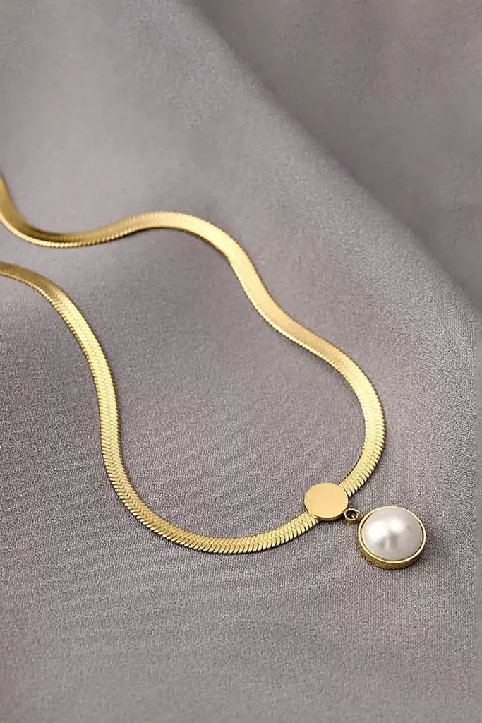 Fibflx Women's 14K Gold Snake Chain with Pearl Pendant