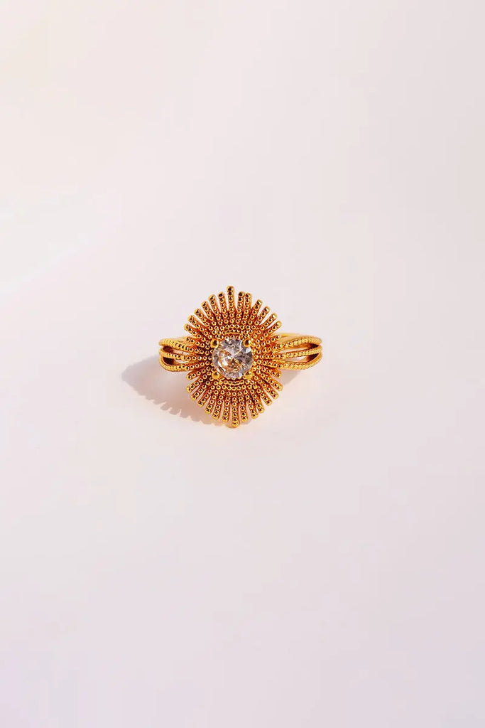 Fibflx Women's 18K Gold Plated Sunflower Glimmer Gemstone Ring