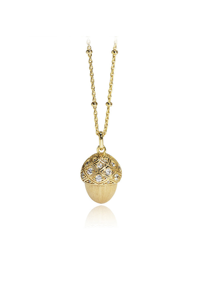 18K Gold Acorn & CZ Dangle Pendant Necklace with Italian Rigato Finish  Fibflx