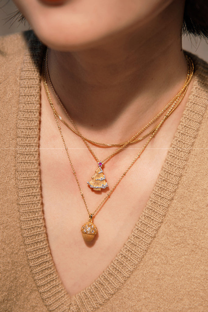 18K Gold Acorn & CZ Dangle Pendant Necklace with Italian Rigato Finish  Fibflx