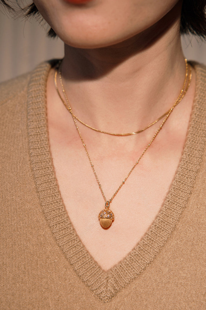 18K Gold Acorn & CZ Dangle Pendant Necklace with Italian Rigato Finish  Fibflx