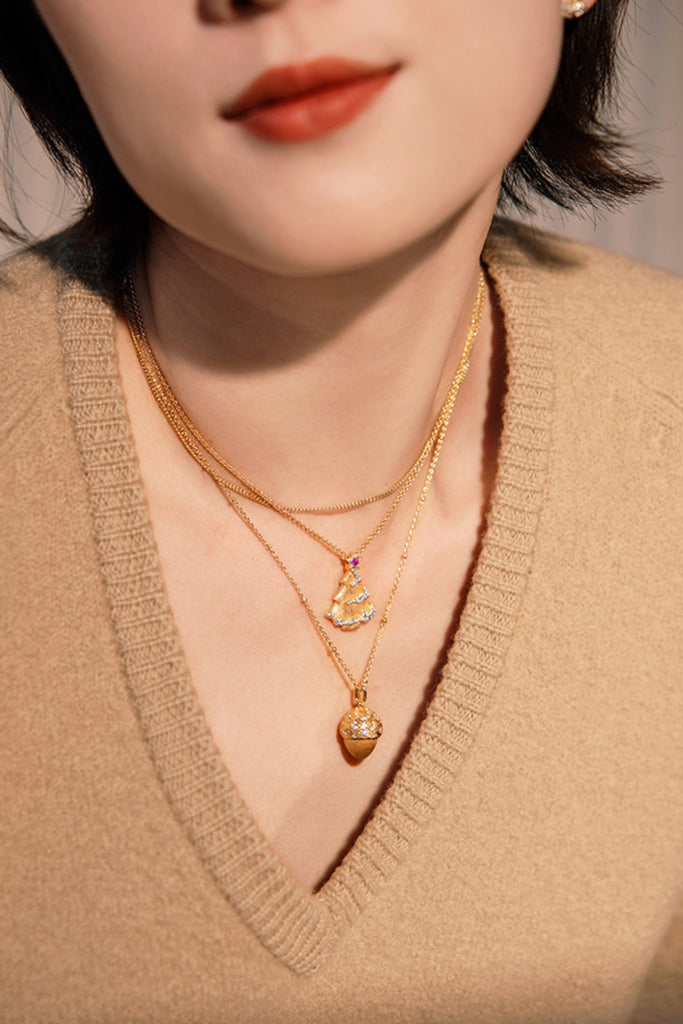 18K Gold Acorn & CZ Dangle Pendant Necklace with Italian Rigato Finish  Fibflx