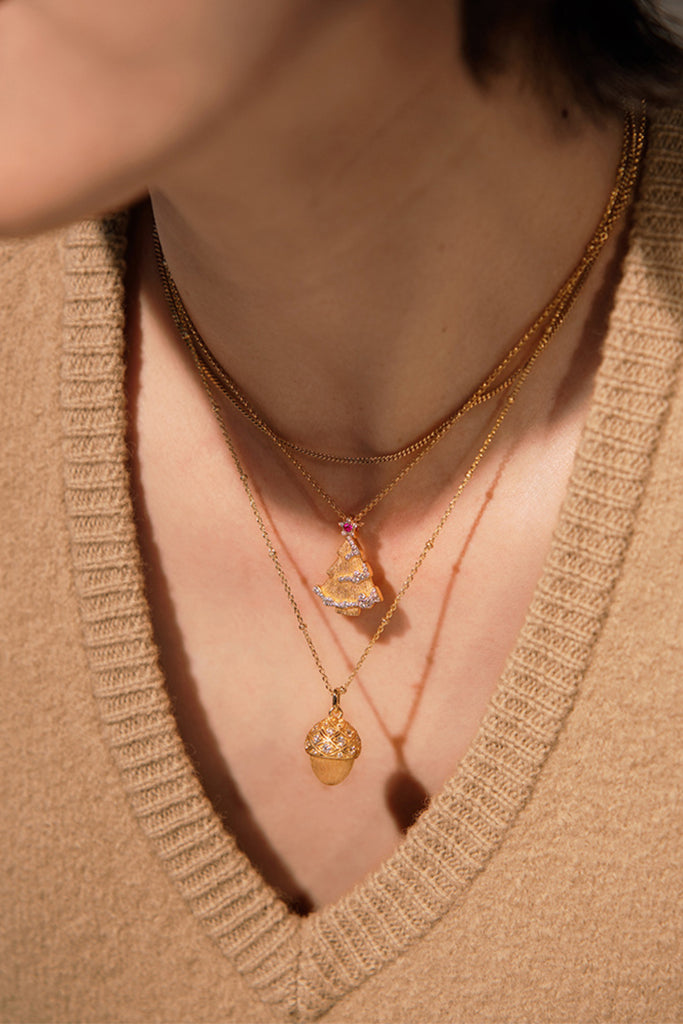 18K Gold Acorn & CZ Dangle Pendant Necklace with Italian Rigato Finish  Fibflx