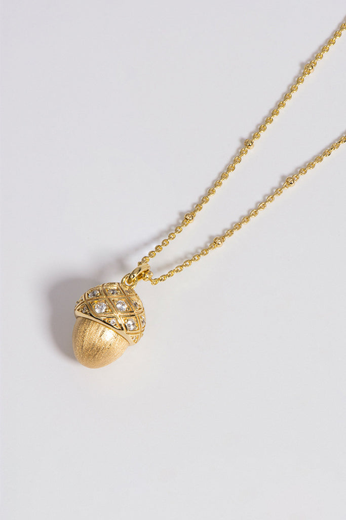 18K Gold Acorn & CZ Dangle Pendant Necklace with Italian Rigato Finish  Fibflx