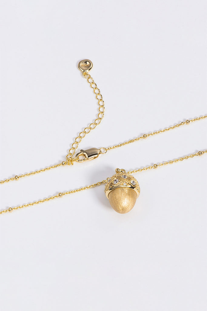 18K Gold Acorn & CZ Dangle Pendant Necklace with Italian Rigato Finish  Fibflx