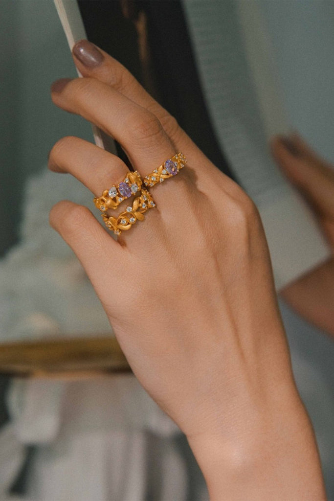 18K Gold Cubic Zirconia Flower Band Ring with Italian Rigato Finish  Fibflx