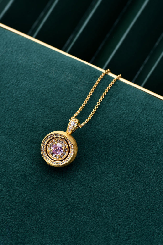 18K Gold Cubic Zirconia Halo Pendant Necklace with Italian Rigato Finish  Fibflx