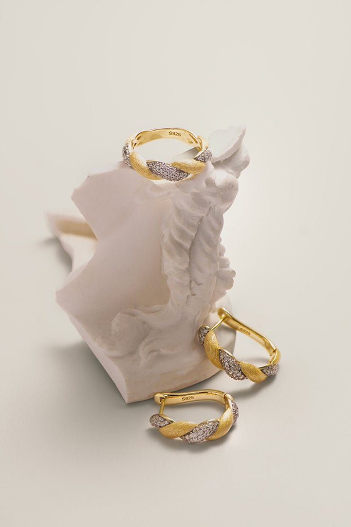 18K Gold Cubic Zirconia San Marco Hoop Earrings with Italian Rigato Finish  Fibflx