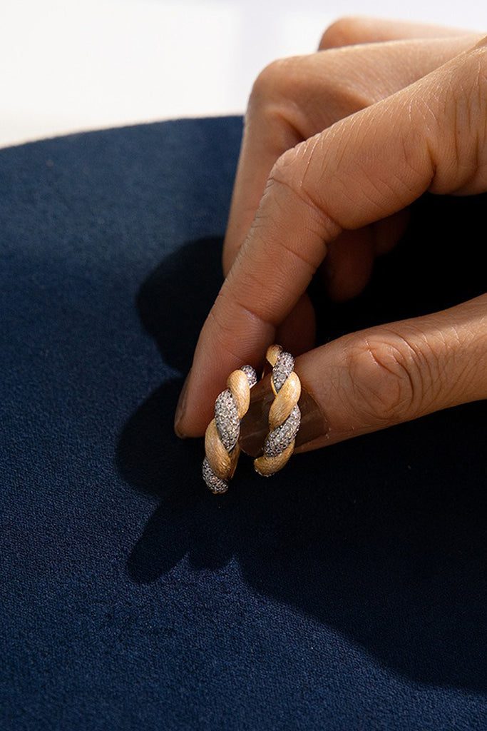 18K Gold Cubic Zirconia San Marco Hoop Earrings with Italian Rigato Finish  Fibflx