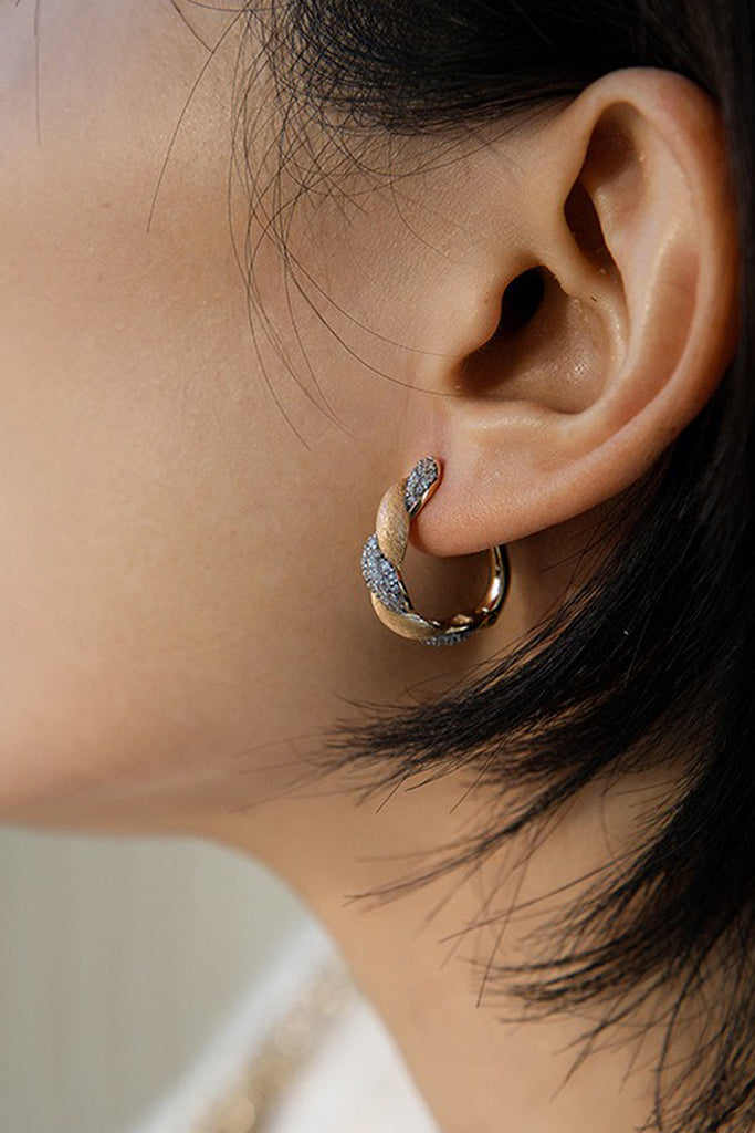 18K Gold Cubic Zirconia San Marco Hoop Earrings with Italian Rigato Finish  Fibflx