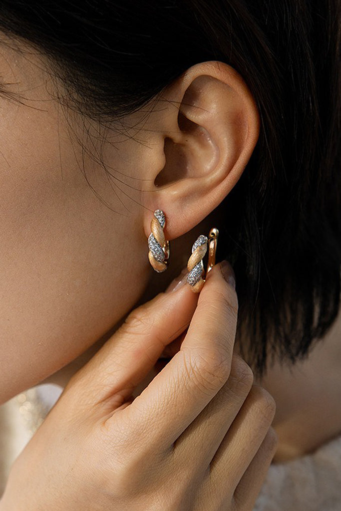 18K Gold Cubic Zirconia San Marco Hoop Earrings with Italian Rigato Finish  Fibflx