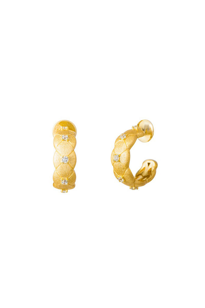 18K Gold CZ Accent Quilted Huggie Hoop Earrings with Italian Rigato Finish  Fibflx