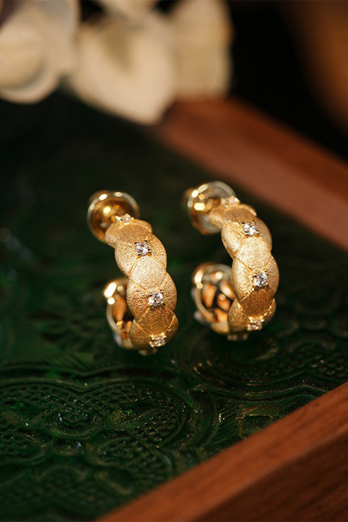 18K Gold CZ Accent Quilted Huggie Hoop Earrings with Italian Rigato Finish  Fibflx