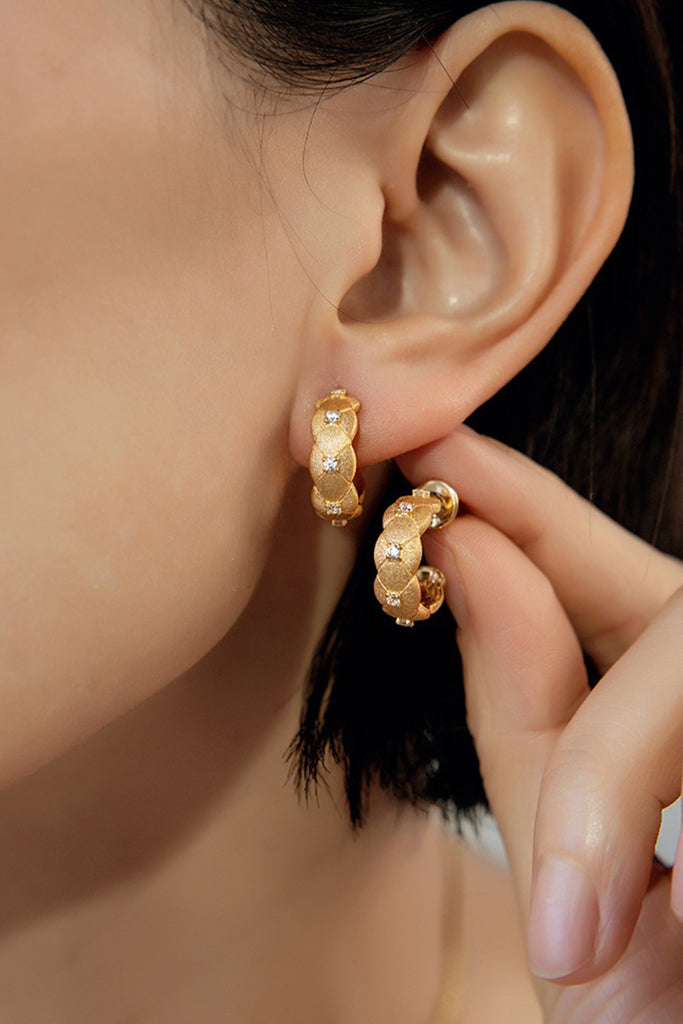 18K Gold CZ Accent Quilted Huggie Hoop Earrings with Italian Rigato Finish  Fibflx