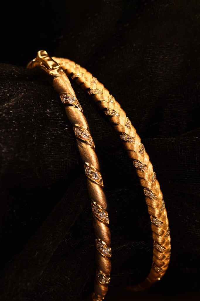 18K Gold CZ Braided Herringbone Bangle Bracelet with Italian Rigato Finish  Fibflx