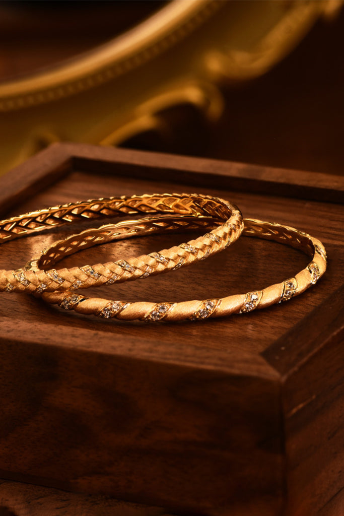 18K Gold CZ Braided Herringbone Bangle Bracelet with Italian Rigato Finish  Fibflx