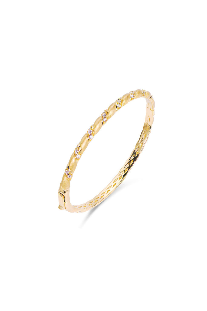 18K Gold CZ Twisted Hinged Bangle Bracelet with Italian Rigato Finish  Fibflx