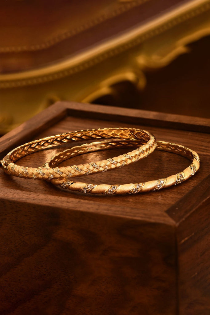 18K Gold CZ Twisted Hinged Bangle Bracelet with Italian Rigato Finish  Fibflx