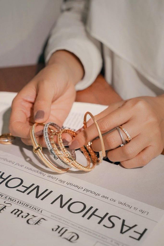 18K Gold CZ Twisted Hinged Bangle Bracelet with Italian Rigato Finish  Fibflx