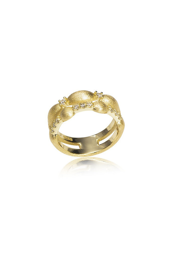 18K Gold Double Cubic Zirconia Band Ring with Italian Rigato Finish  Fibflx