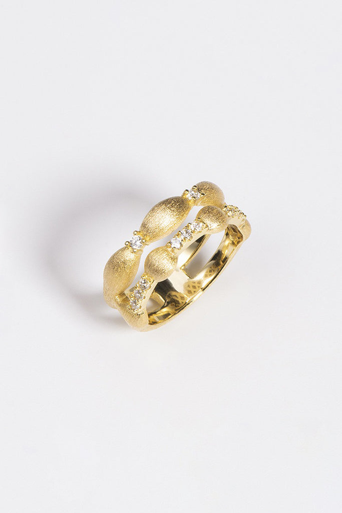 18K Gold Double Cubic Zirconia Band Ring with Italian Rigato Finish  Fibflx