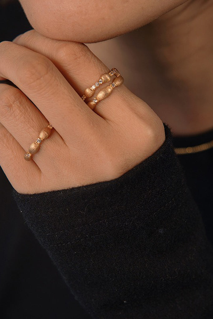 18K Gold Double Cubic Zirconia Band Ring with Italian Rigato Finish  Fibflx