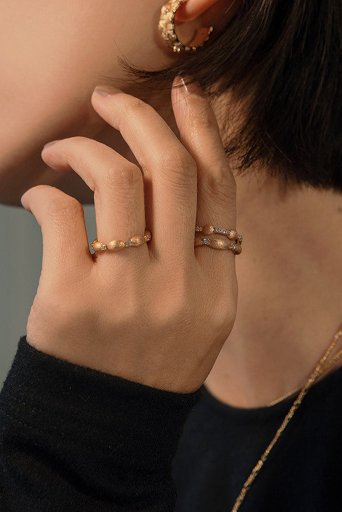 18K Gold Double Cubic Zirconia Band Ring with Italian Rigato Finish  Fibflx