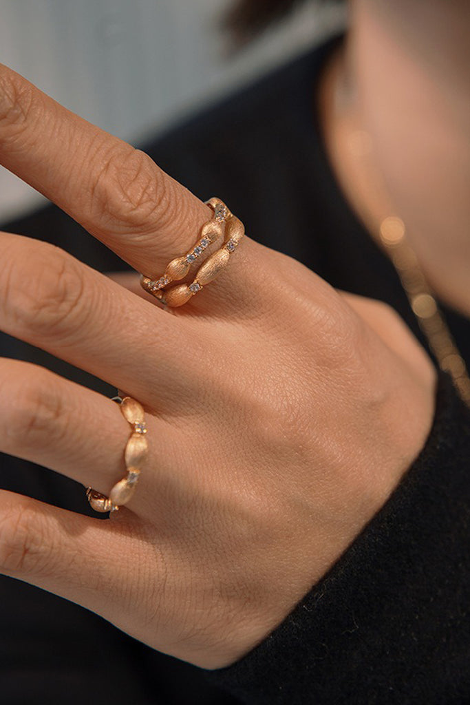 18K Gold Double Cubic Zirconia Band Ring with Italian Rigato Finish  Fibflx