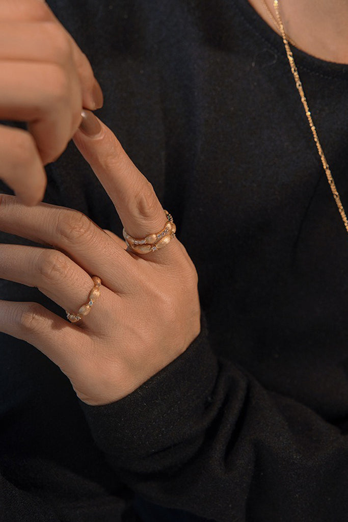 18K Gold Double Cubic Zirconia Band Ring with Italian Rigato Finish  Fibflx