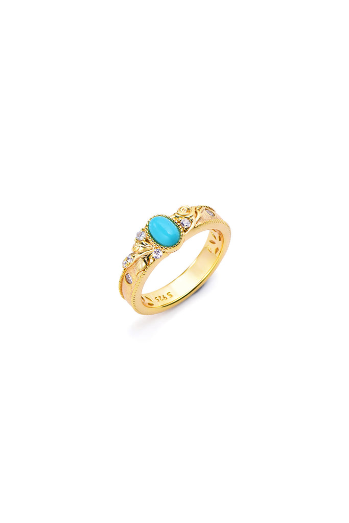 18K Gold Floral Engraved Turquoise Ring with Italian Rigato Finish Gold / ERROR Fibflx