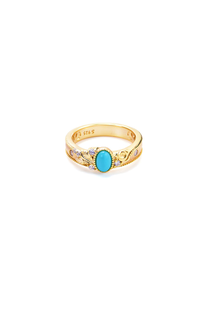 18K Gold Floral Engraved Turquoise Ring with Italian Rigato Finish  Fibflx