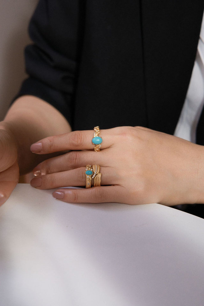 18K Gold Floral Engraved Turquoise Ring with Italian Rigato Finish  Fibflx
