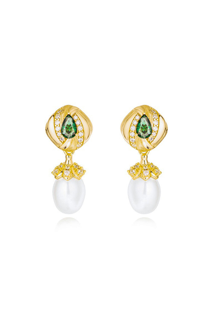 18K Gold Freshwater Pearl & Nano Emerald Drop Earrings with Italian Rigato Finish  Fibflx