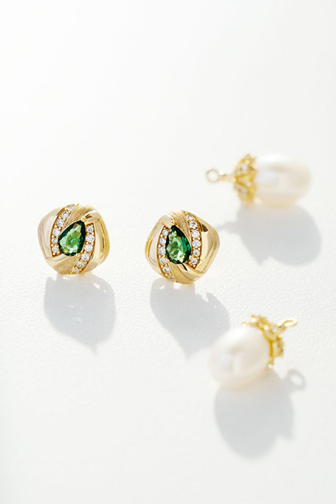 18K Gold Freshwater Pearl & Nano Emerald Drop Earrings with Italian Rigato Finish  Fibflx