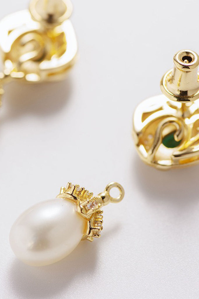 18K Gold Freshwater Pearl & Nano Emerald Drop Earrings with Italian Rigato Finish  Fibflx