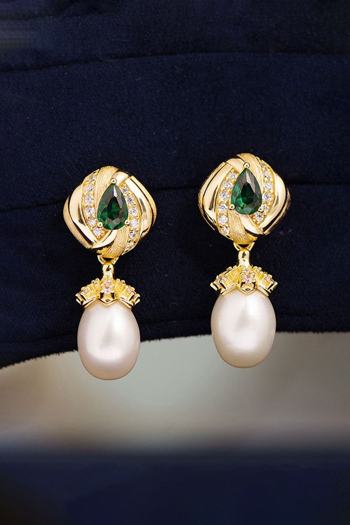 18K Gold Freshwater Pearl & Nano Emerald Drop Earrings with Italian Rigato Finish  Fibflx