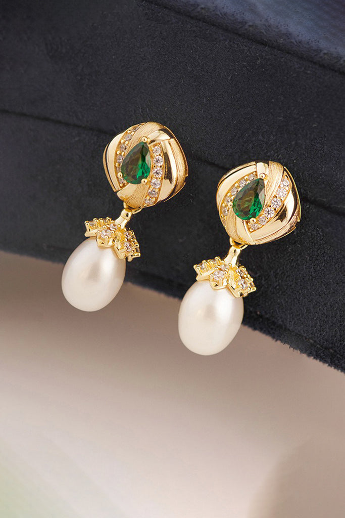 18K Gold Freshwater Pearl & Nano Emerald Drop Earrings with Italian Rigato Finish  Fibflx
