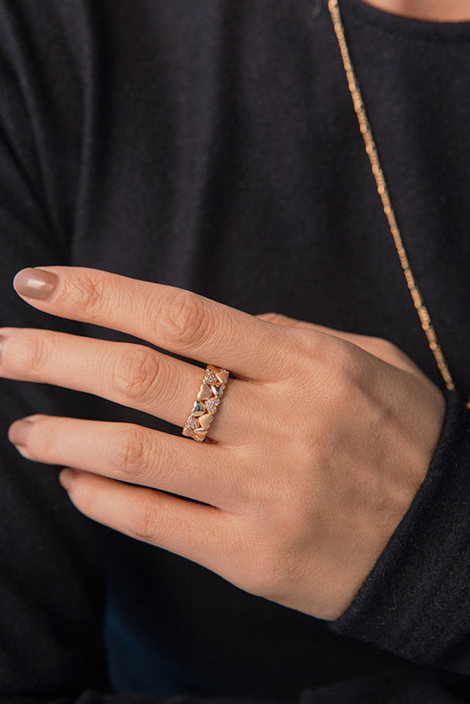 18K Gold Heart Cubic Zirconia Ring with Italian Rigato Finish  Fibflx