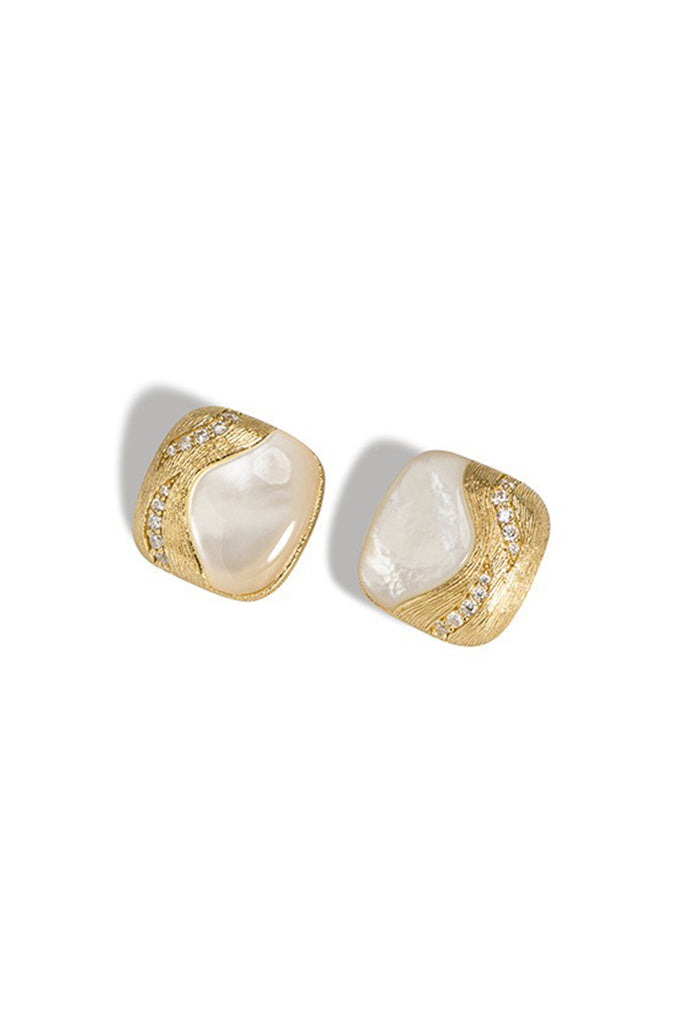 18K Gold Mother of Pearl Square Stud Earrings with Italian Rigato Finish Gold / One Size Fibflx