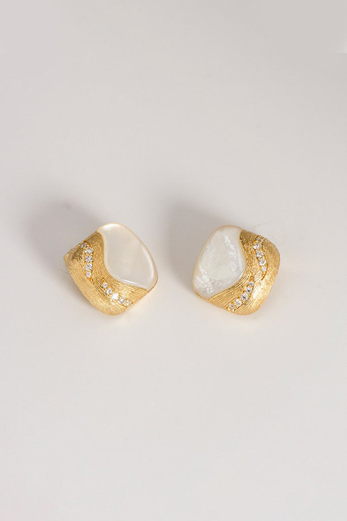 18K Gold Mother of Pearl Square Stud Earrings with Italian Rigato Finish  Fibflx