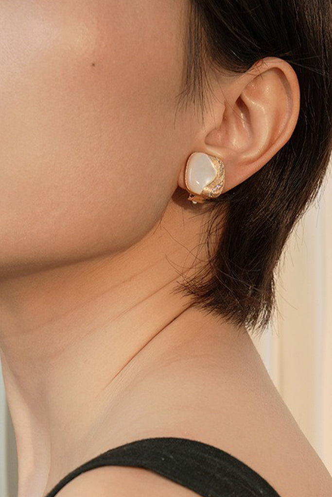 18K Gold Mother of Pearl Square Stud Earrings with Italian Rigato Finish  Fibflx