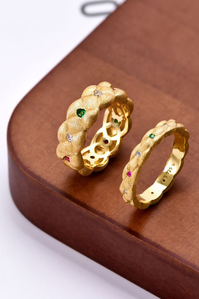 18K Gold Multi-Stone Quilted Slim Band Ring with Italian Rigato Finish  Fibflx