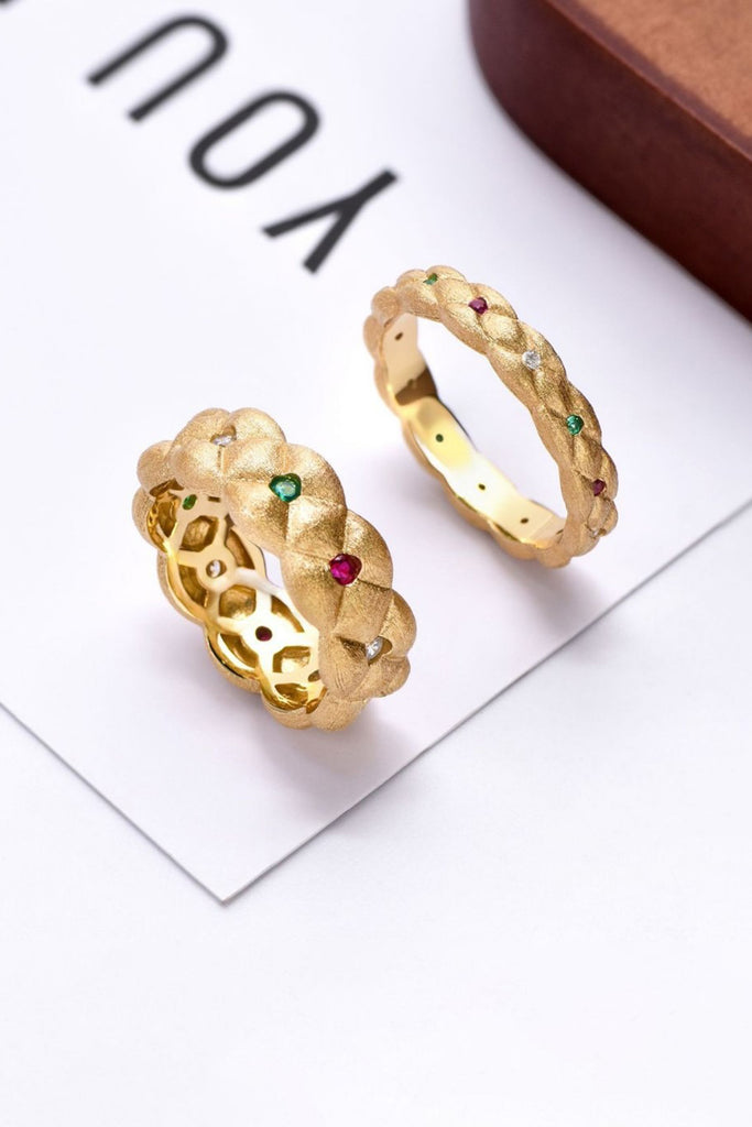 18K Gold Multi-Stone Quilted Wide Band Ring with Italian Rigato Finish  Fibflx