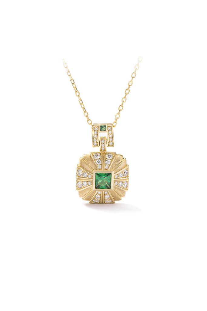 18K Gold Nano Emerald & CZ Dangle Pendant Necklace with Italian Rigato Finish  Fibflx