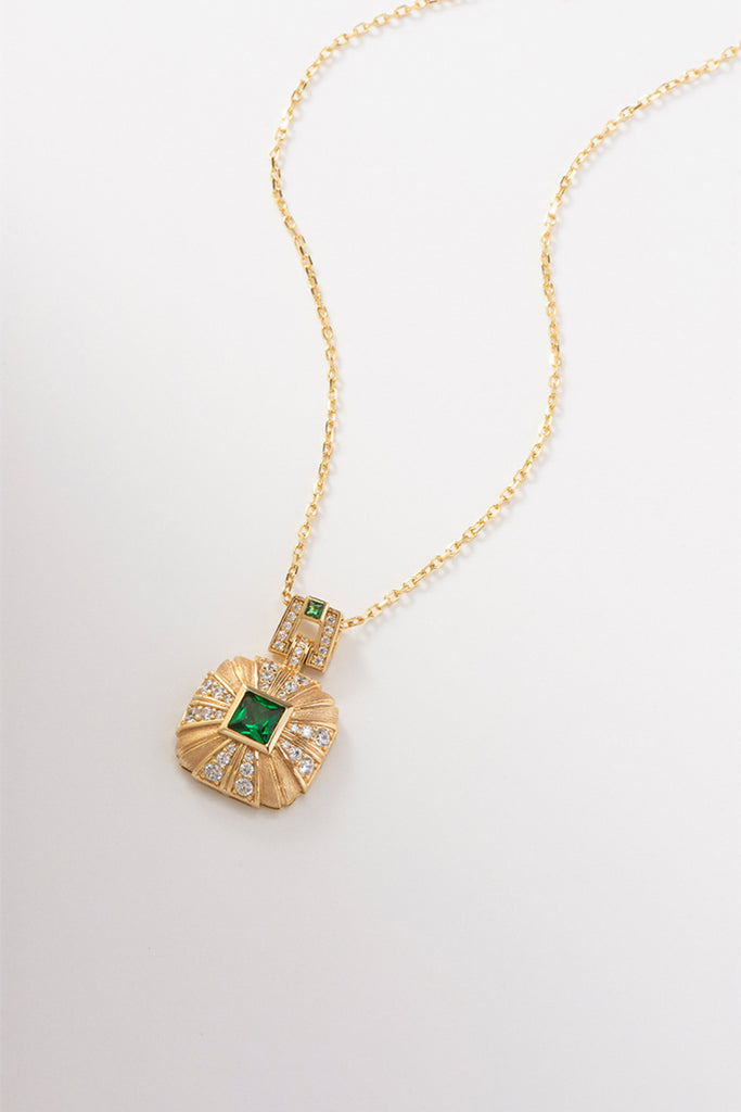 18K Gold Nano Emerald & CZ Dangle Pendant Necklace with Italian Rigato Finish  Fibflx