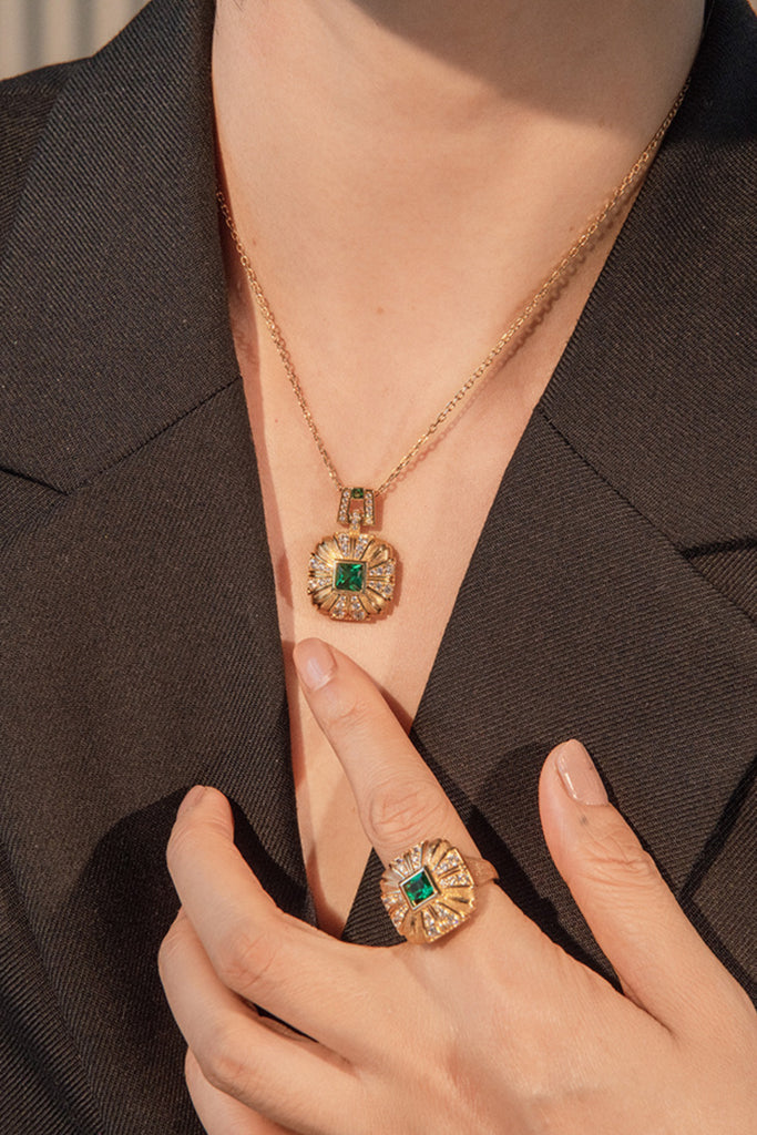 18K Gold Nano Emerald & CZ Dangle Pendant Necklace with Italian Rigato Finish  Fibflx