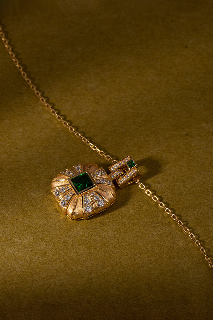 18K Gold Nano Emerald & CZ Dangle Pendant Necklace with Italian Rigato Finish  Fibflx